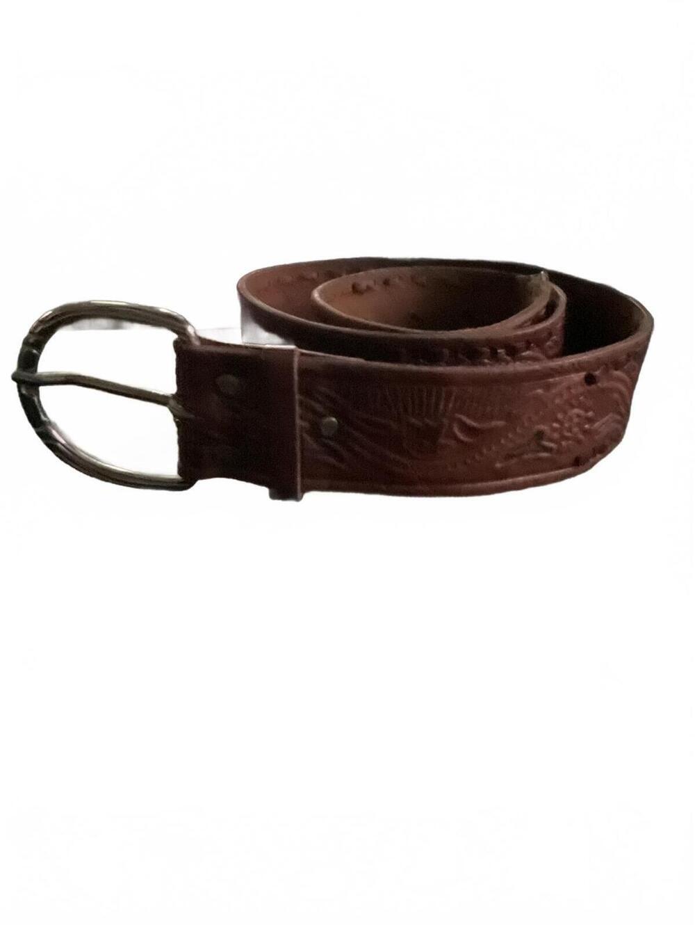 Vintage Brown Embossed Leather South Western Belt with Silver Hammered Buckle M